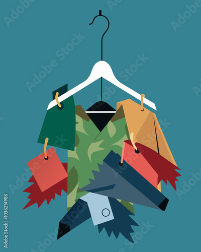 Broken hangers ripped tags and torn fabric are all thats left of the trendy clothing pieces that now lie in a jumbled mess on the landfill floor.. Vector illustration