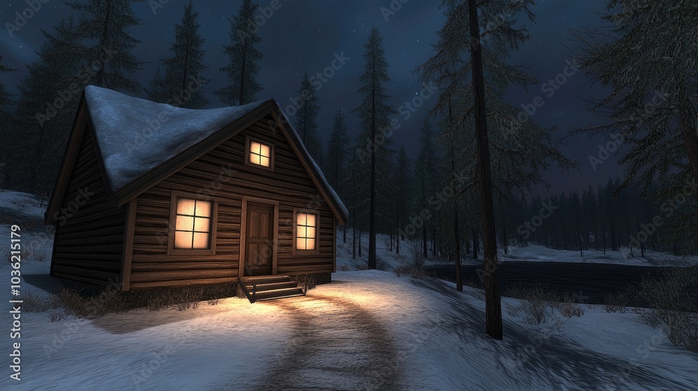 A small wooden house stands serene by a frozen lake, surrounded by frosty trees under a night sky, creating a warm, inviting atmosphere A small wooden house stands serene by a frozen lake, surrounded by frosty trees under a night sky, creating a warm, inviting atmosphere