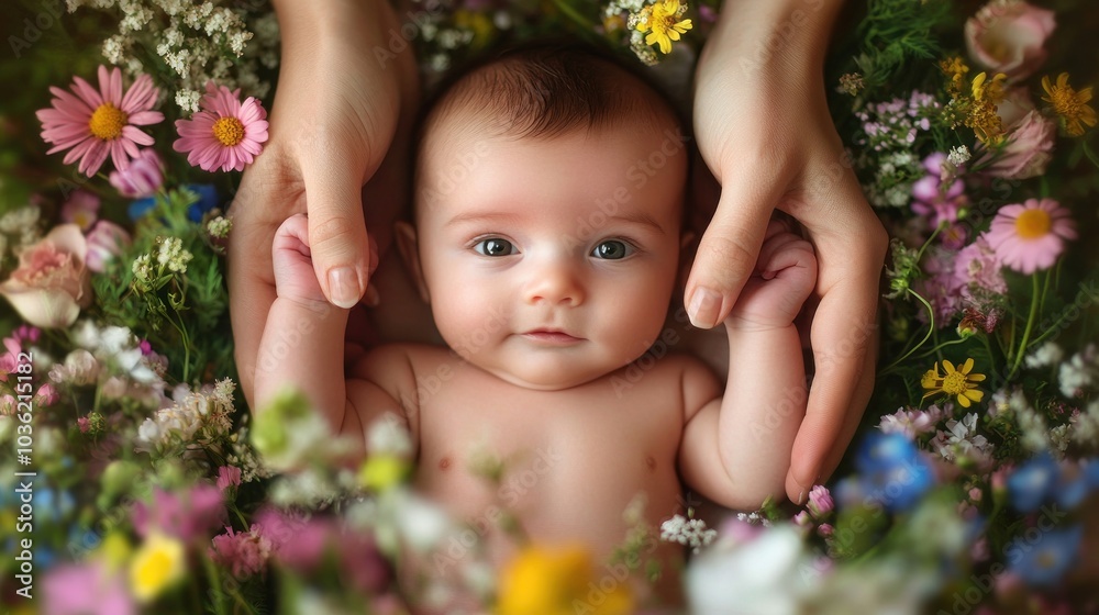 A serene baby surrounded by colorful flowers, symbolizing innocence and nature's beauty. A serene baby surrounded by colorful flowers, symbolizing innocence and nature's beauty.