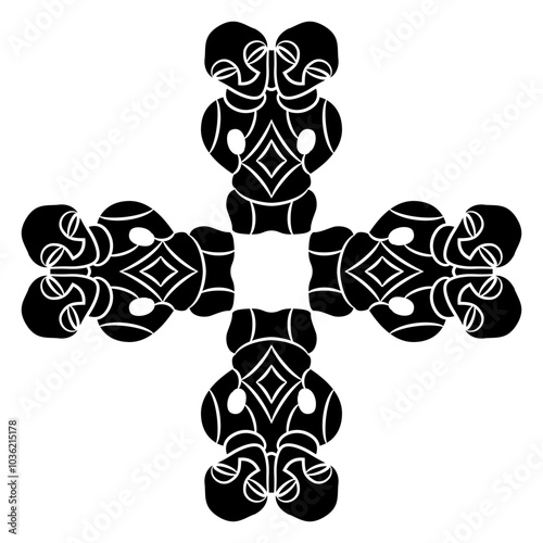 Square ethnic cross shape design with four two headed idols. Neolithic human figurine from Vinča culture, Serbia. Black and white silhouette.