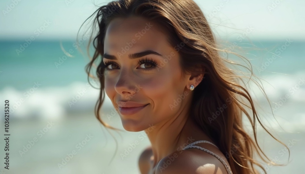A brunette woman in a swimsuit gazes back while standing near the shoreline. Gentle sea waves lap at her feet under a clear blue sky. Long hair, beautiful young face. Travel and clothing adverts. AI A brunette woman in a swimsuit gazes back while standing near the shoreline. Gentle sea waves lap at her feet under a clear blue sky. Long hair, beautiful young face. Travel and clothing adverts. AI