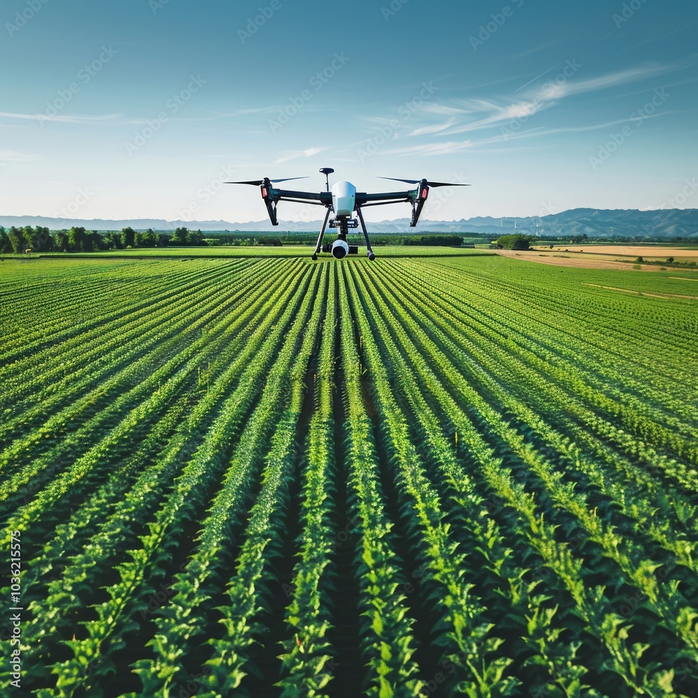 Drone flying over a field of crops. Drone flying over a field of crops.