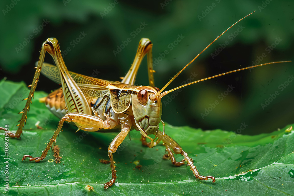 The cricket sat on a leaf, belonging to the Orthoptera order. The cricket sat on a leaf, belonging to the Orthoptera order.