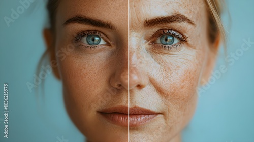 Facial transformation from youth to senior, skin cells magnified, gradual decrease in elasticity, enhanced by skincare, both faces expressing calm and health
