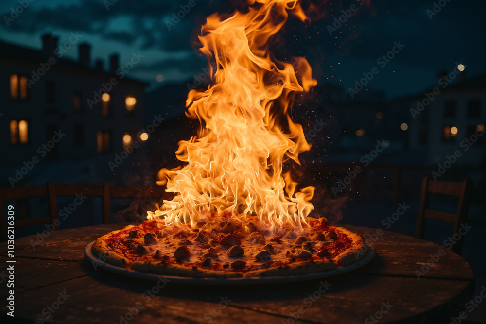 Fototapeta premium Italian food, pizza served on a wooden table with a blurry night city background