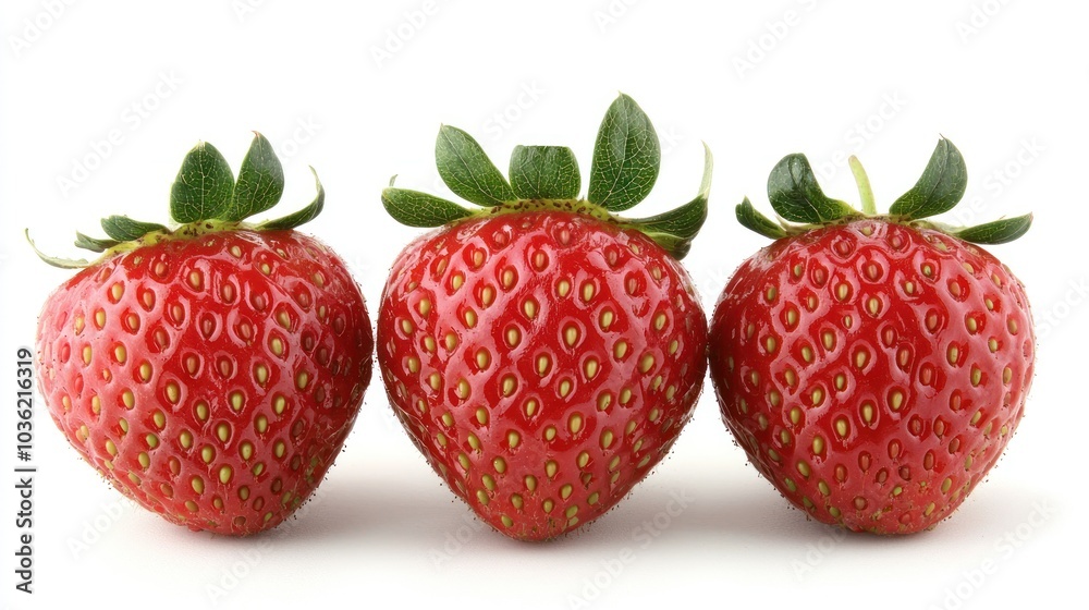 Ripe Strawberries with Green Leaves on a White Background Ripe Strawberries with Green Leaves on a White Background