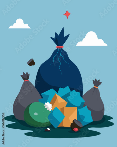 Garbage bags and broken toys spilled out from the top of the landfill a sad reflection of our throwaway culture.. Vector illustration