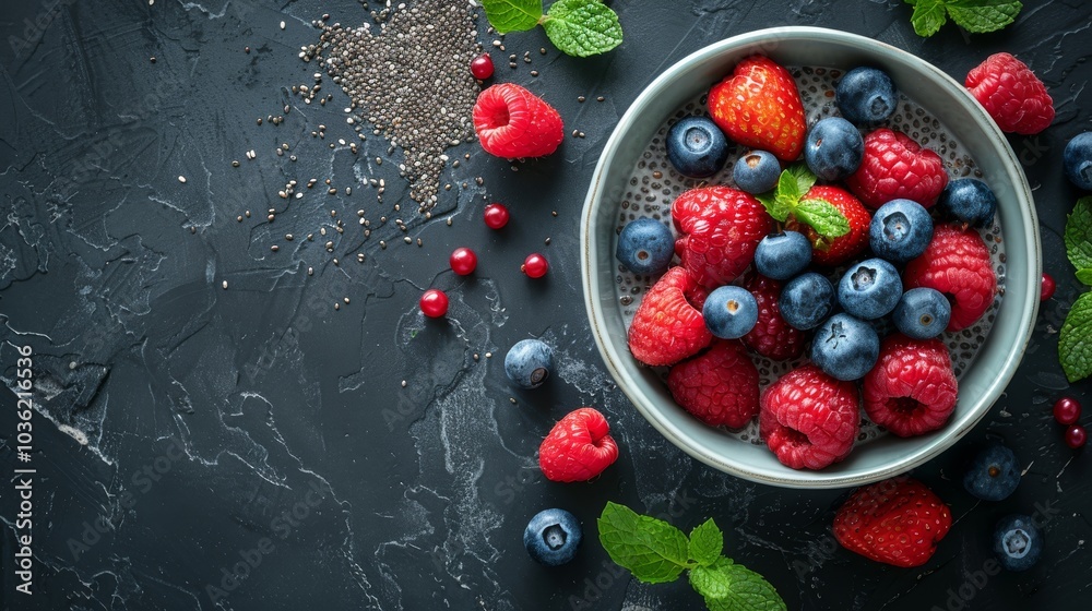 Chia pudding with fresh berries and mint on a dark textured table, flat lay Chia pudding with fresh berries and mint on a dark textured table, flat lay
