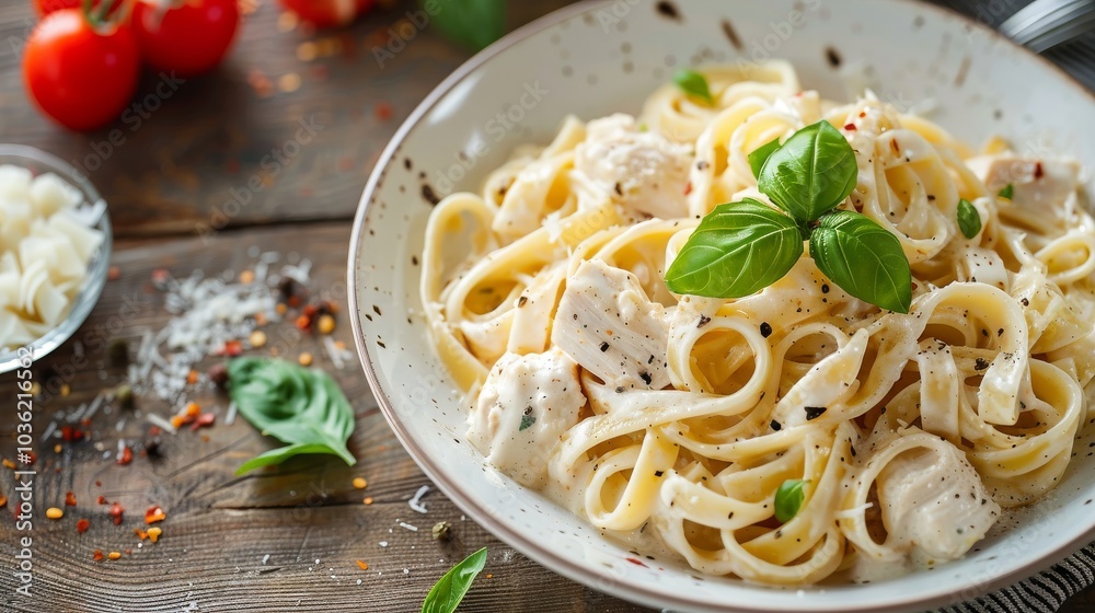 Chicken Alfredo pasta on a wooden table, white background Chicken Alfredo pasta on a wooden table, white background