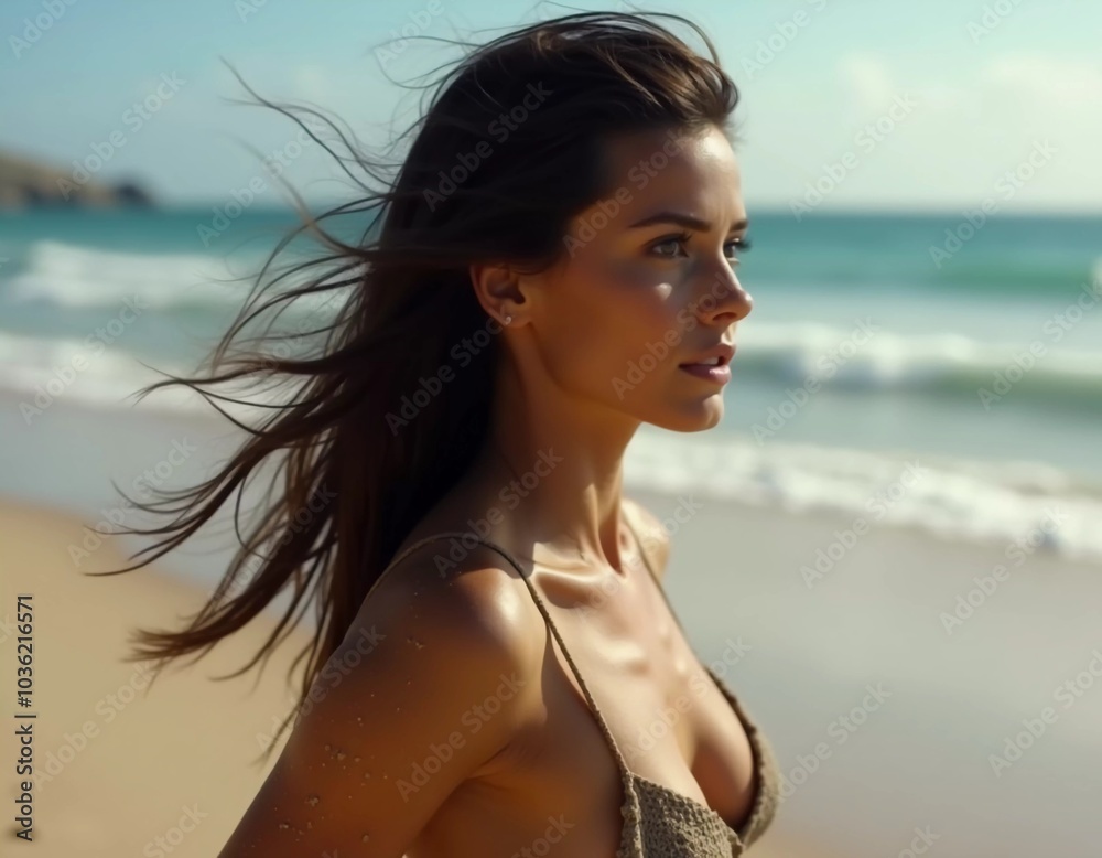 A brunette woman in a swimsuit gazes back while standing near the shoreline. Gentle sea waves lap at her feet under a clear blue sky. Long hair, beautiful young face. Travel and clothing adverts. AI A brunette woman in a swimsuit gazes back while standing near the shoreline. Gentle sea waves lap at her feet under a clear blue sky. Long hair, beautiful young face. Travel and clothing adverts. AI
