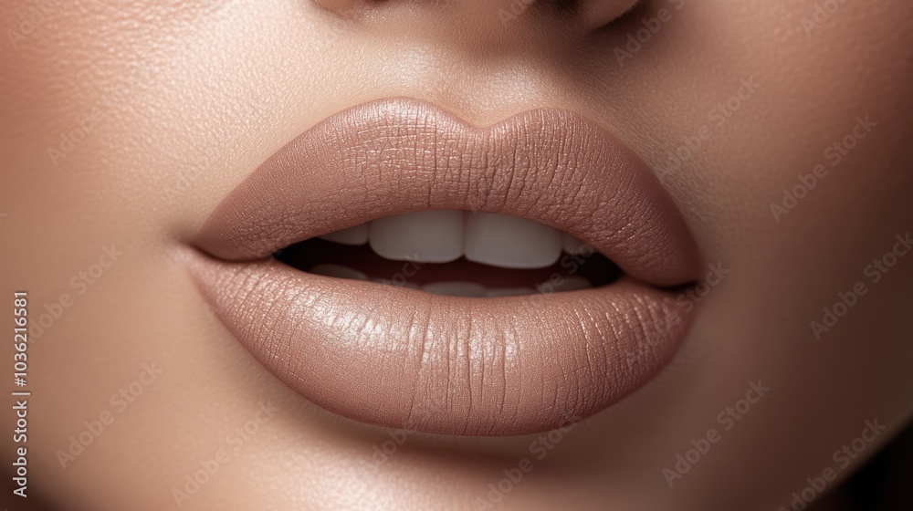 Close-up of softly parted lips with a natural nude lipstick shade. Close-up of softly parted lips with a natural nude lipstick shade.