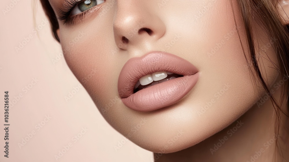 Close-up of a woman's lips with a soft, natural makeup look against a pastel background. Close-up of a woman's lips with a soft, natural makeup look against a pastel background.