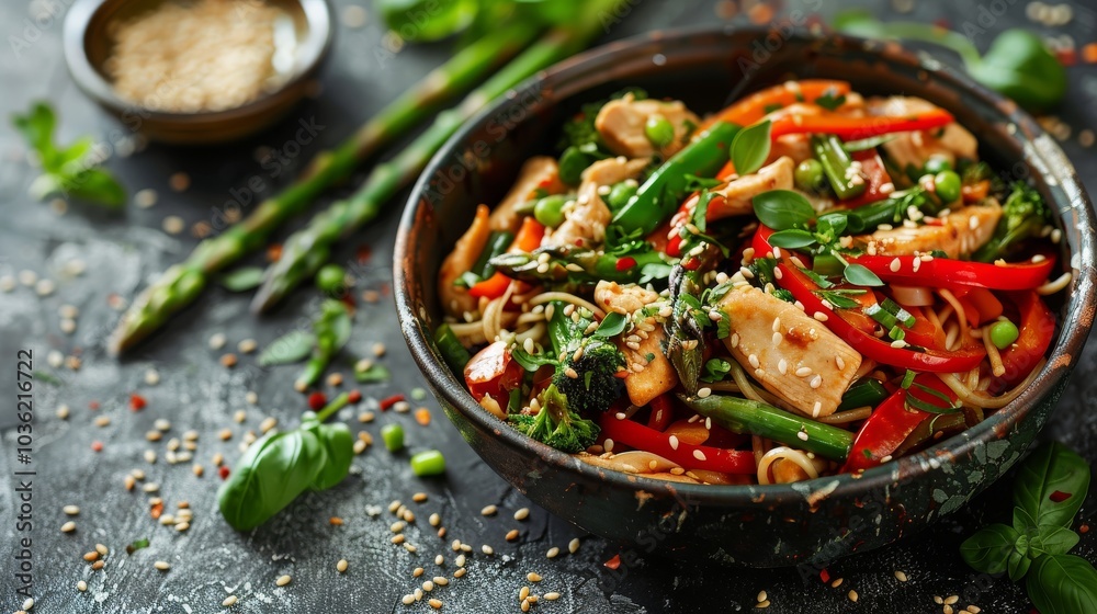 Chicken noodle bowl with asparagus, colorful peppers, sesame seeds, and soy sauce on dark concrete background Chicken noodle bowl with asparagus, colorful peppers, sesame seeds, and soy sauce on dark concrete background