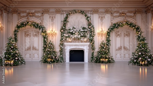 A beautifully decorated fireplace with garlands and candles enhances the warmth of a sophisticated winter setting