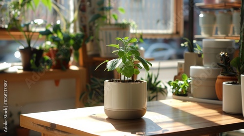 A potted plant sits on a wooden table, bathed in sunlight, near a window.