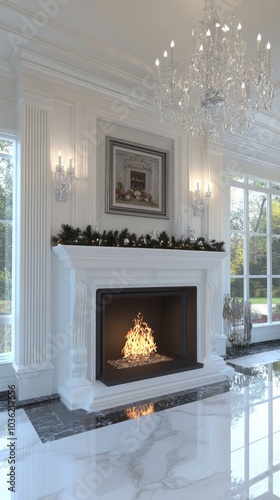 A beautifully decorated fireplace with garlands and candles enhances the warmth of a sophisticated winter setting