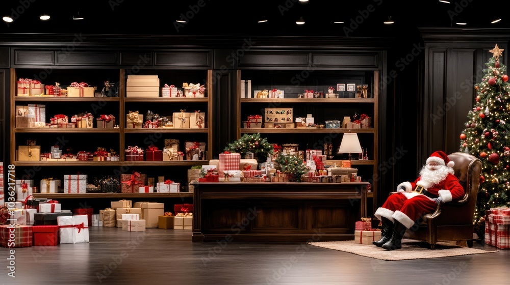 Santa Claus enjoys hot chocolate in a warm wooden workshop filled with Christmas gifts, decorations, and tools during winter festivities Santa Claus enjoys hot chocolate in a warm wooden workshop filled with Christmas gifts, decorations, and tools during winter festivities