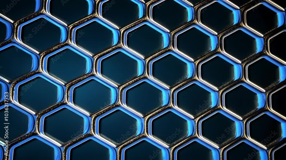 A close-up view of a metallic blue honeycomb pattern A close-up view of a metallic blue honeycomb pattern