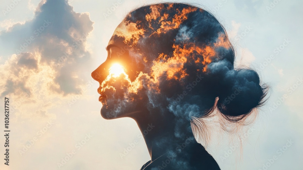 A silhouette of a woman with clouds and sunlight blending into her profile, symbolizing introspection. A silhouette of a woman with clouds and sunlight blending into her profile, symbolizing introspection.