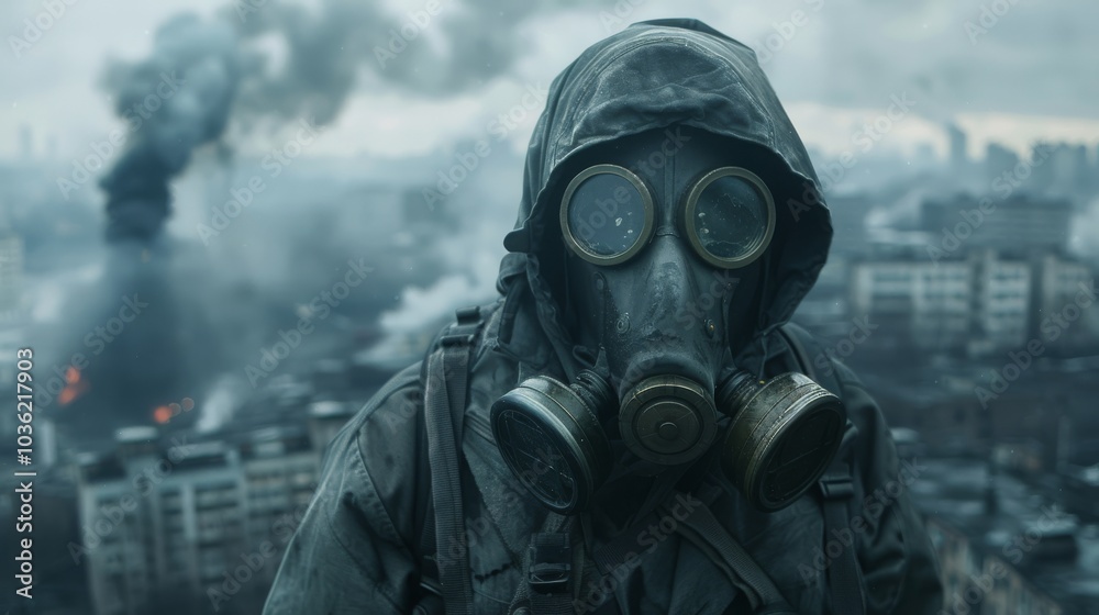 A person in a gas mask stands in an urban area with smoke in the background. Concept of pollution or disaster preparation. For depicting dystopian scenarios. A person in a gas mask stands in an urban area with smoke in the background. Concept of pollution or disaster preparation. For depicting dystopian scenarios.