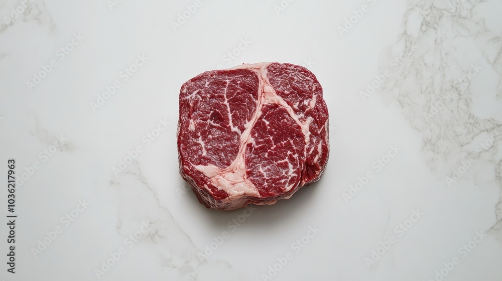 A piece of raw marbled beef on a marble countertop, ready for cooking or preparation. A piece of raw marbled beef on a marble countertop, ready for cooking or preparation.