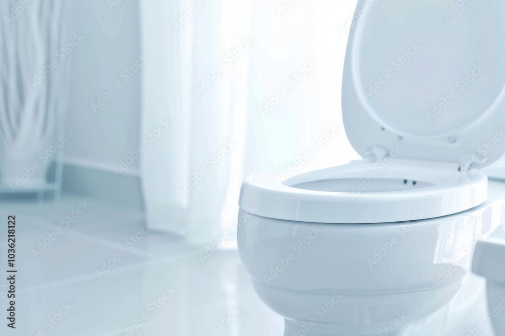 A white toilet with an open lid is in a bright, clean bathroom. Concept cleanliness and hygiene. For advertising cleaning products. A white toilet with an open lid is in a bright, clean bathroom. Concept cleanliness and hygiene. For advertising cleaning products.