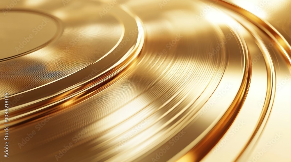 Close-up of a shiny golden vinyl record showcasing grooves and reflections. Close-up of a shiny golden vinyl record showcasing grooves and reflections.