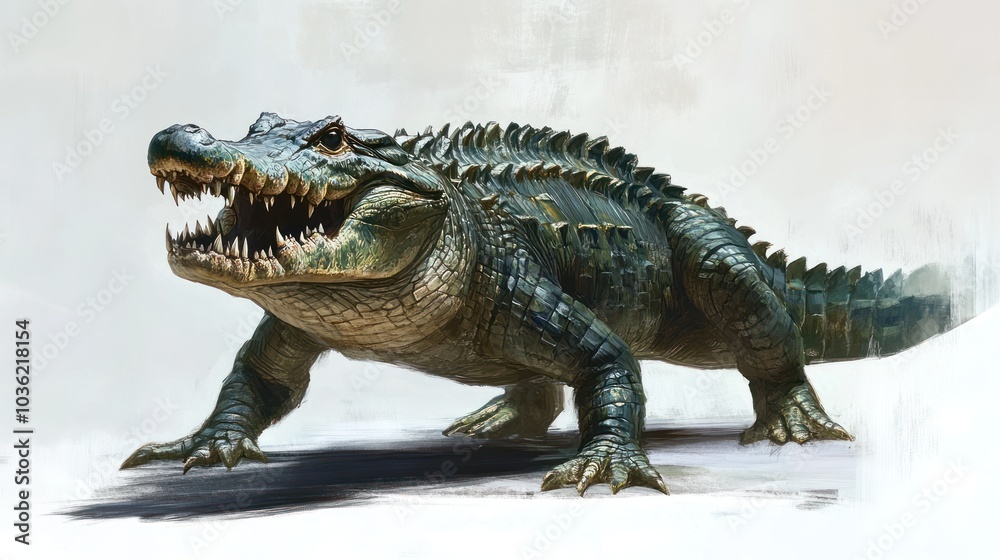 Obraz premium A fierce, prehistoric-looking crocodile-like creature with sharp teeth and spiky back.