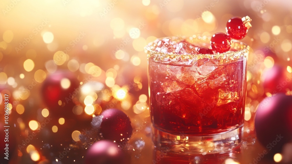 A festive cocktail garnished with cherries, surrounded by holiday decorations and soft lights. A festive cocktail garnished with cherries, surrounded by holiday decorations and soft lights.