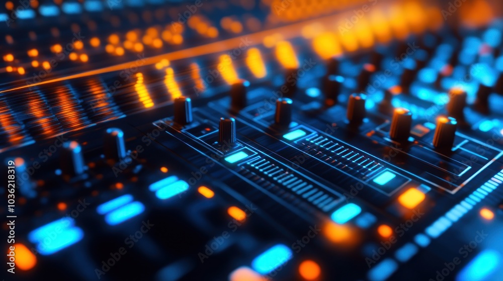 Close-up of a Sound Mixer with Orange and Blue Lights Close-up of a Sound Mixer with Orange and Blue Lights