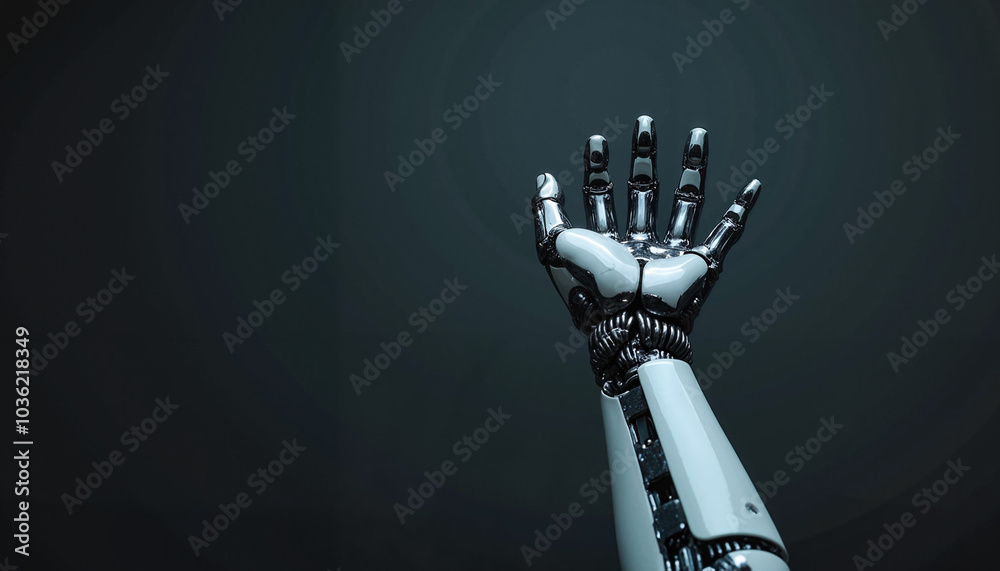 Robotic hand reaching upwards against a dark background, symbolizing technology and innovation Robotic hand reaching upwards against a dark background, symbolizing technology and innovation