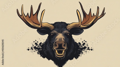 A fierce moose with large antlers and a toothy grin.