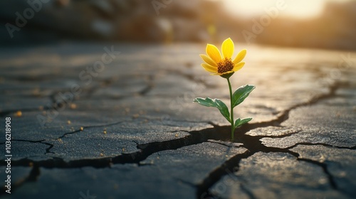 A resilient flower emerges from cracked earth, symbolizing hope and perseverance.