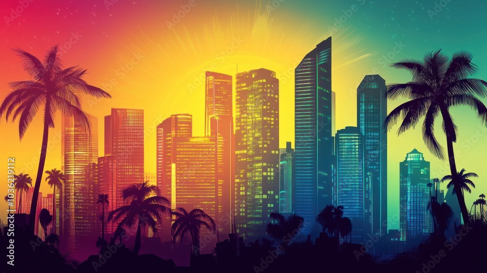 Obraz premium A vibrant city skyline at sunset with palm trees, showcasing a colorful urban landscape.