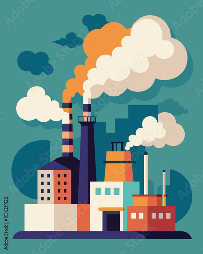 Foulsmelling fumes emanating from a factorys exhaust pipes making it hard to breathe.. Vector illustration