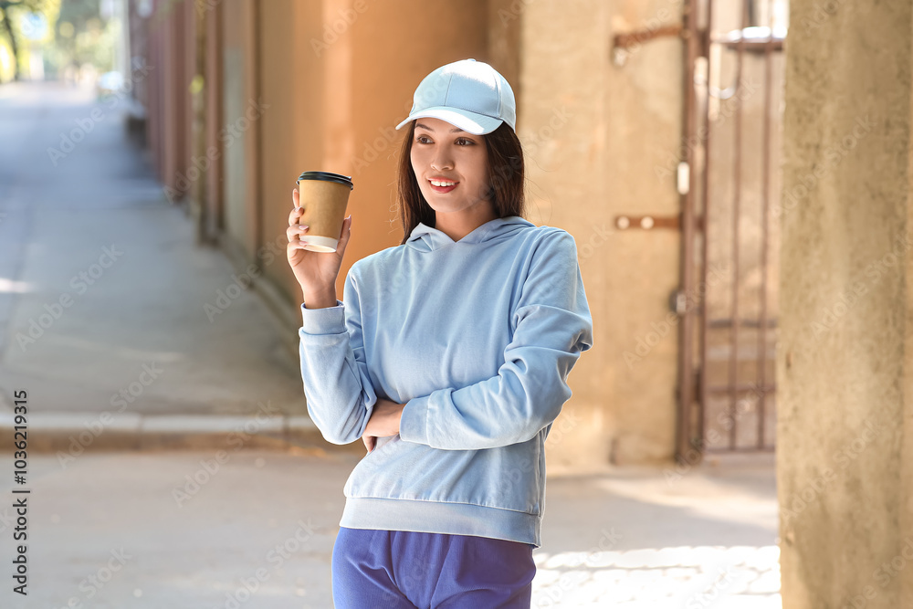 Beautiful young happy Asian woman in stylish white cap with cup of coffee on city street Beautiful young happy Asian woman in stylish white cap with cup of coffee on city street