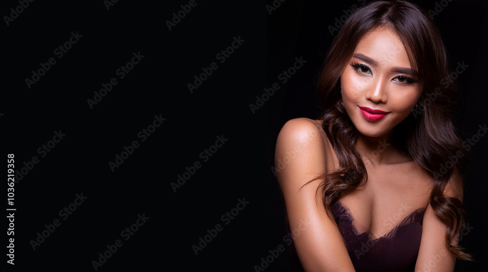 An attractive woman with long hair and skillfully applied make-up, radiating beauty and sophistication in her expression. Sensual portrait beauty. Space for text. An attractive woman with long hair and skillfully applied make-up, radiating beauty and sophistication in her expression. Sensual portrait beauty. Space for text.