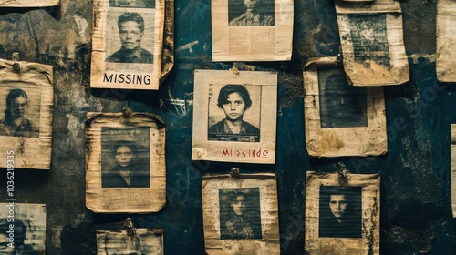 A wall of missing person posters, highlighting loss and search for individuals.