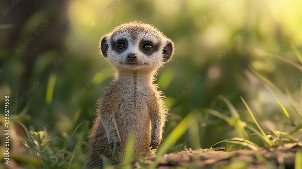 Obraz premium Charming 3D Cute Baby Meerkat Standing Upright in a Playful Pastel Environment