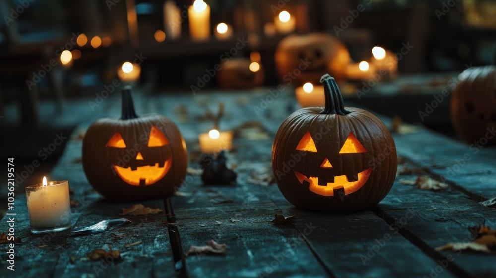 Two illuminated jack-o'-lanterns on a wooden table surrounded by candles and autumn leaves. Two illuminated jack-o'-lanterns on a wooden table surrounded by candles and autumn leaves.