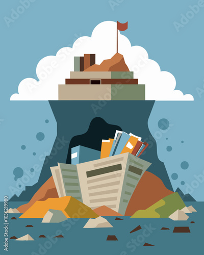 As the bulldozers and excavators tore into the old landfill layers of old newspapers and magazines were unearthed some still in surprisingly good condition.. Vector illustration