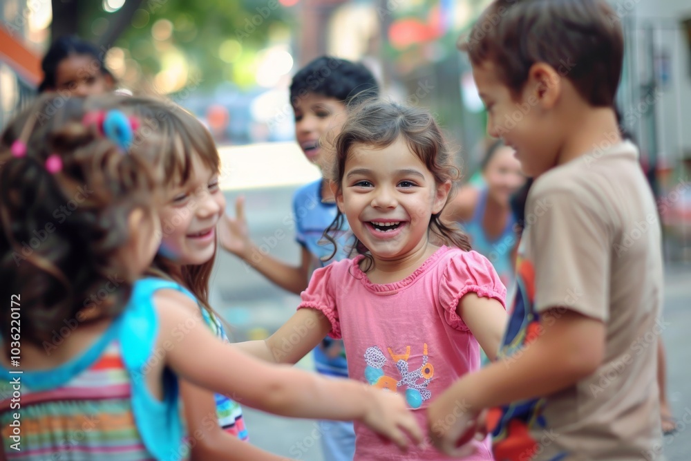 Group of happy kids having fun together in the city park. Selective focus. Group of happy kids having fun together in the city park. Selective focus.