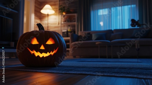 Jack-O'-Lantern on a Rug in a Cozy Living Room