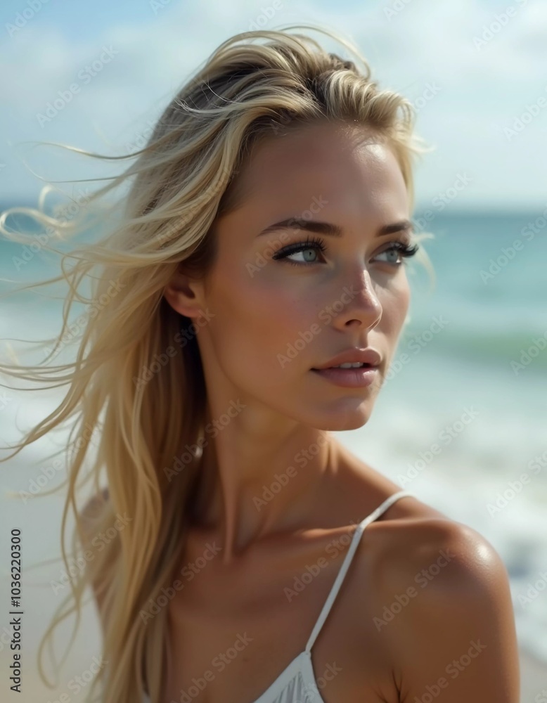 Blonde woman stands by ocean or sea, enjoying sun and surf while wearing a stylish swimsuit, highlighting relaxed beach atmosphere. Beautiful young face. Advertisement for clothes or beach travel. AI Blonde woman stands by ocean or sea, enjoying sun and surf while wearing a stylish swimsuit, highlighting relaxed beach atmosphere. Beautiful young face. Advertisement for clothes or beach travel. AI