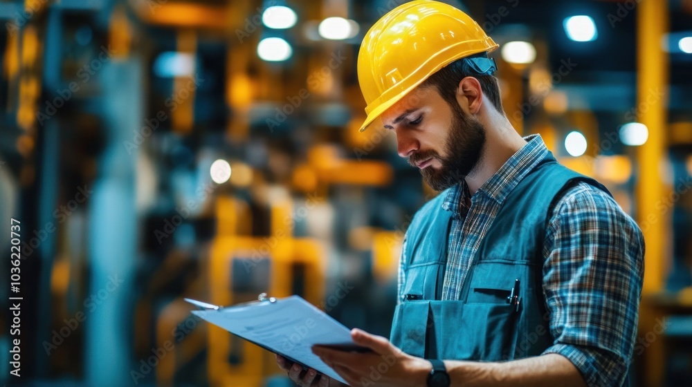 A worker in a hard hat examines documents in an industrial setting. A worker in a hard hat examines documents in an industrial setting.
