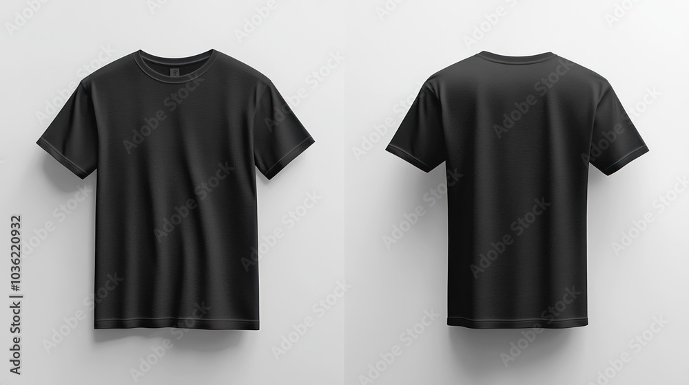 A black t-shirt displayed from the front and back on a plain background. A black t-shirt displayed from the front and back on a plain background.