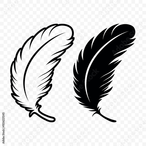 Vector Black and White Fluffy Feather Logo Icons. Silhouette Feather Set Closeup Isolated. Design Template of Flamingo, Angel, Bird Feather. Lightness and Freedom Concept