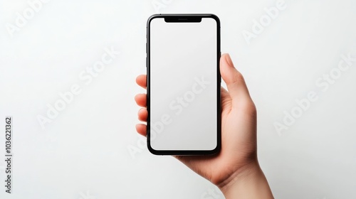 A hand holding a smartphone with a blank screen, ready for use or display.