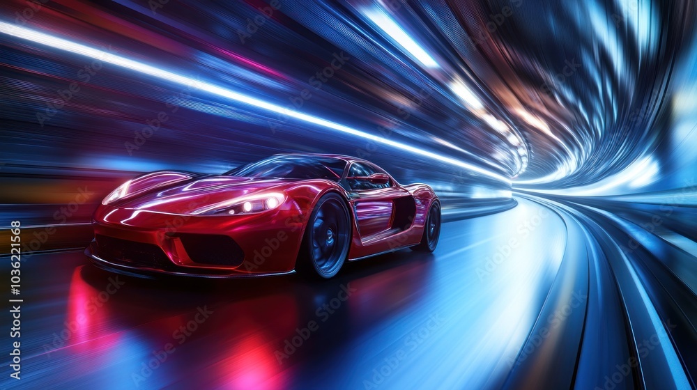 A sleek red sports car speeds through a futuristic tunnel of vibrant light trails. A sleek red sports car speeds through a futuristic tunnel of vibrant light trails.