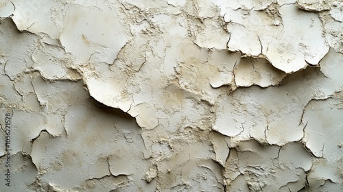 The plaster wall displays a network of cracks and peeling layers, illustrating the effects of time and environmental wear in a domestic interior.